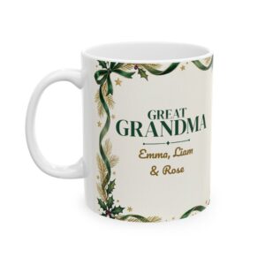 Great Grandma Mug Personalized with Great Grandkids Names, Gold and Evergreen Christmas Coffee Cup