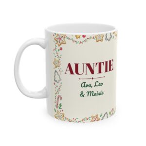 Auntie Mug Personalized with Nieces and Nephews Names, Cookie Decorating Christmas Coffee Cup