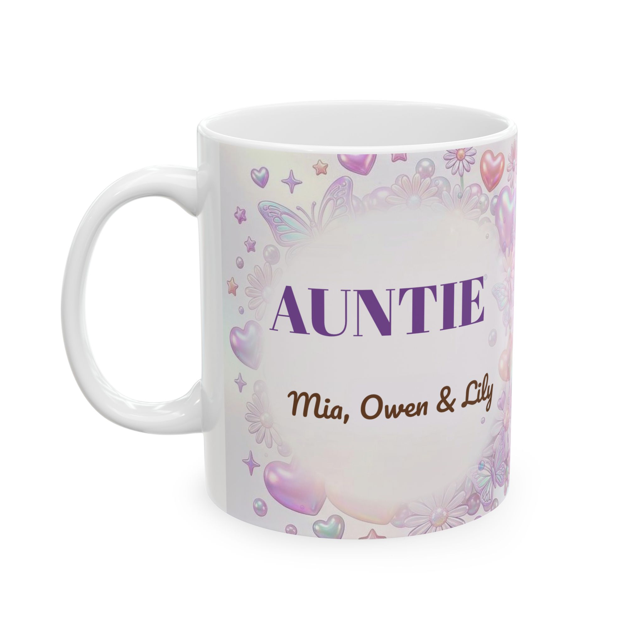 Auntie Mug, Personalized 3D Iridescent Coffee Cup with Nieces and Nephews Names (11oz)