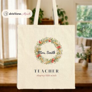 Personalized Teacher Tote Bag with Name, Apple and Pencil Wreath Canvas Tote, Custom Teacher Gift, Teacher Appreciation Bag