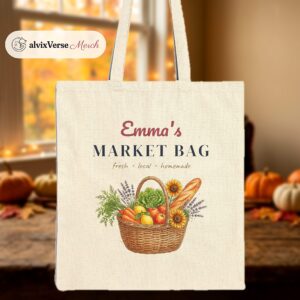 Personalized Market Bag with Name, Produce Basket Canvas Tote Bag, Custom Reusable Grocery Tote, Gift for Cook or Gardener