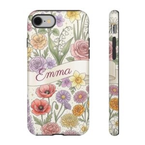 Custom Name Phone Case for iPhone 18 Pro Max, Birth Flower Watercolor Floral Tough Case, Personalized Case for iPhone 17 Galaxy S26