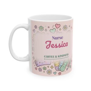 Nurse Mug Personalized Name, Cute Pastel Kawaii Stethoscope Heart Coffee and Kindness Cup