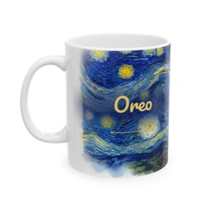 Personalized Tuxedo Cat Mug with Name, Hilltop Starry Sky Watercolor Cat Coffee Cup