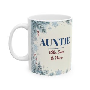Auntie Mug Personalized with Nieces and Nephews Names, Snow Globe Village Christmas Coffee Cup