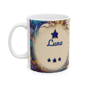 Custom Name Mug, Personalized Stained Glass Moon Sun and Stars Coffee Cup, 11oz Ceramic