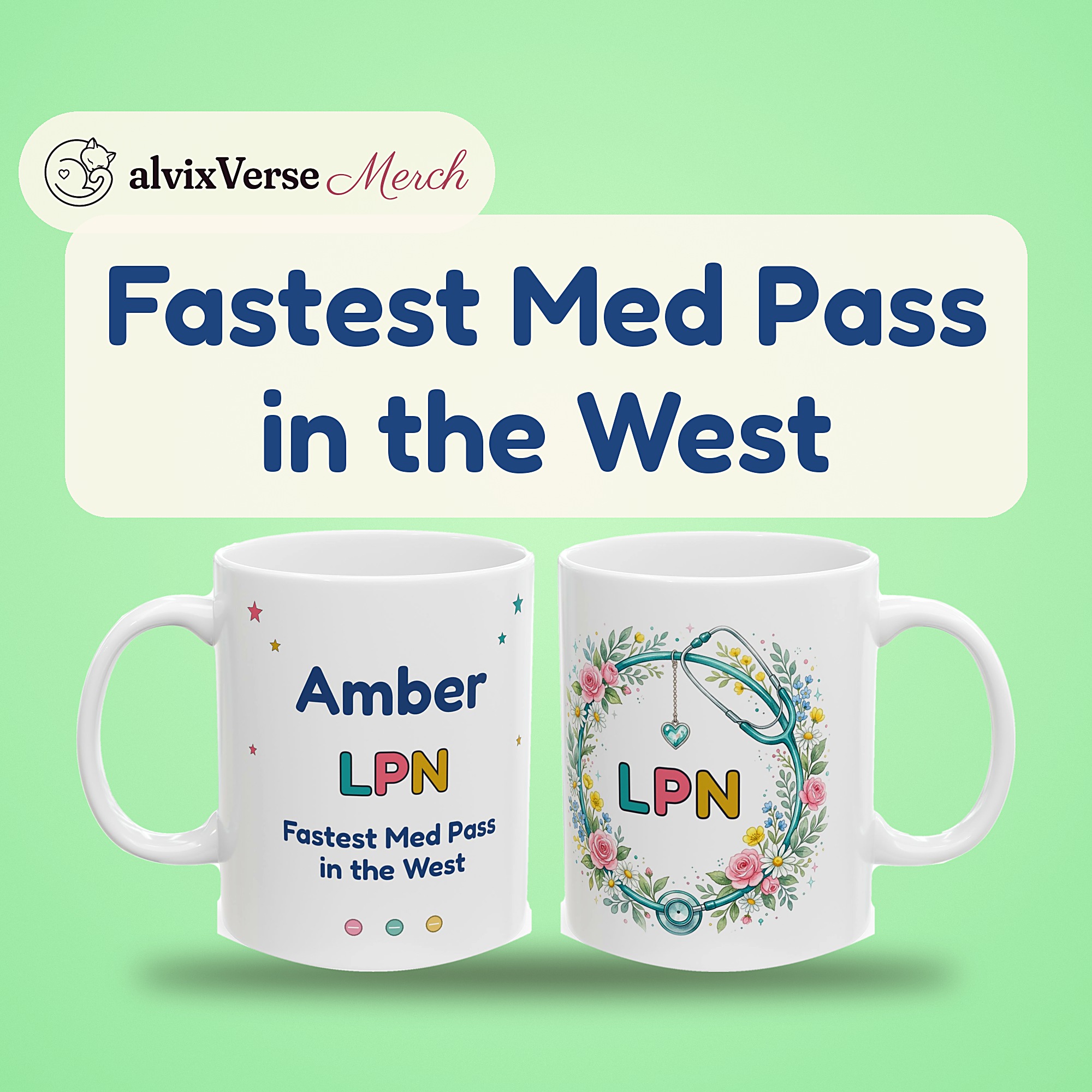 LPN Mug Personalized with Name, Funny Fastest Med Pass in the West, Floral Stethoscope LPN Nurse Gift Coffee Cup - Image 2