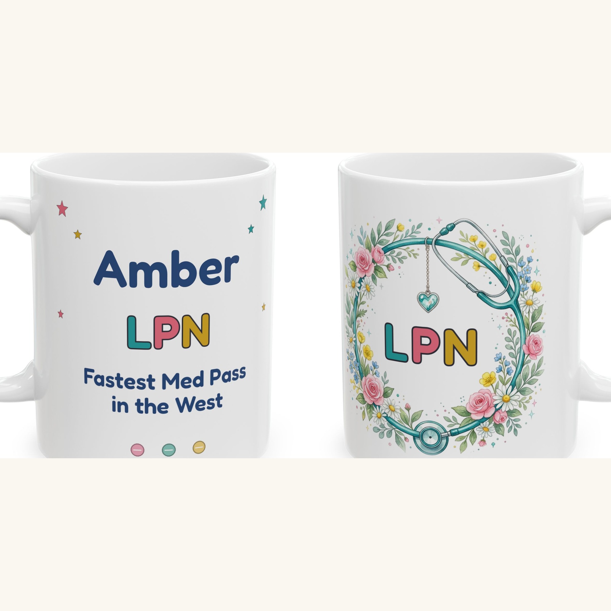 LPN Mug Personalized with Name, Funny Fastest Med Pass in the West, Floral Stethoscope LPN Nurse Gift Coffee Cup - Image 5