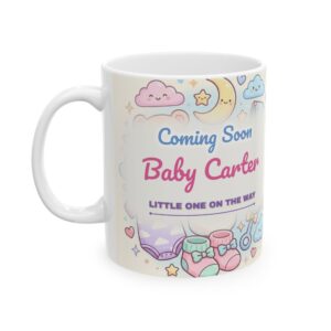 Pregnancy Announcement Mug Personalized, Pastel Kawaii Baby Coming Soon, 11oz