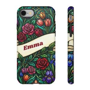 Custom Name Stained Glass Phone Case, Art Nouveau Floral, Tough Cover for iPhone 18 Pro Max, 17, Galaxy S26