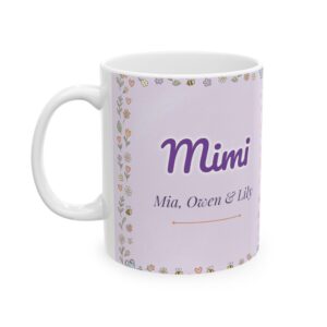 Mimi Mug Personalized with Grandkids Names, Pastel Cottage Flower Garden, 11oz