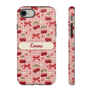 Custom Name Phone Case for iPhone 18 Pro Max, Red Gingham Cherry Bow Coquette Tough Case, Personalized Case for iPhone 17 Galaxy S26