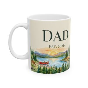 Personalized Dad Mug, Watercolor Camping Scene, Kids Names (11oz Ceramic)