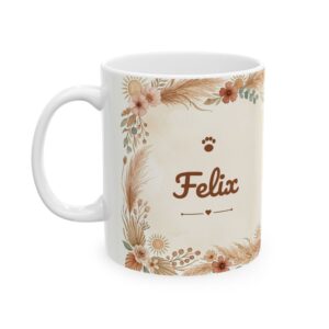 Custom Cat Mug with Your Cat's Name, Tuxedo Cat Boho Rainbow Personalized Coffee Cup