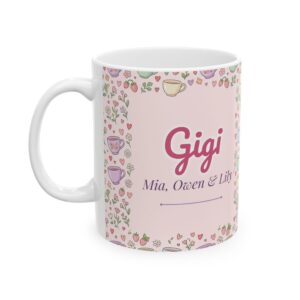 Gigi Mug Personalized with Grandkids Names, Pastel Garden Tea Picnic, 11oz