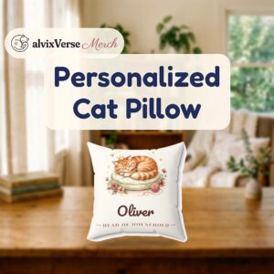 Personalized Cat Pillow with Name, Head of Household Sleeping Cat Throw Pillow, Custom Cat Lover Gift, Cat Mom Home Decor