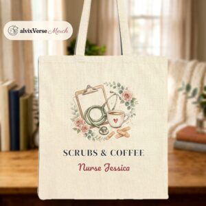 Personalized Nurse Tote Bag with Name, Scrubs and Coffee Canvas Tote, Custom Nurse Gift, RN Work Bag, Nurses Week Gift