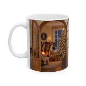 Personalized Christmas Mug, Family Name Cozy Fireplace Open Door Holiday Coffee Cup
