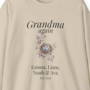 Grandma Again Sweatshirt, Personalized New Grandbaby Announcement Gift with Grandkids Names, Est 2026 Bird Nest Crewneck