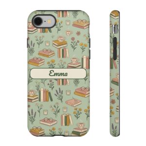 Custom Name Bookworm Phone Case, Cottagecore Book Stack, Tough Cover for iPhone 18 Pro Max, 17, Galaxy S26