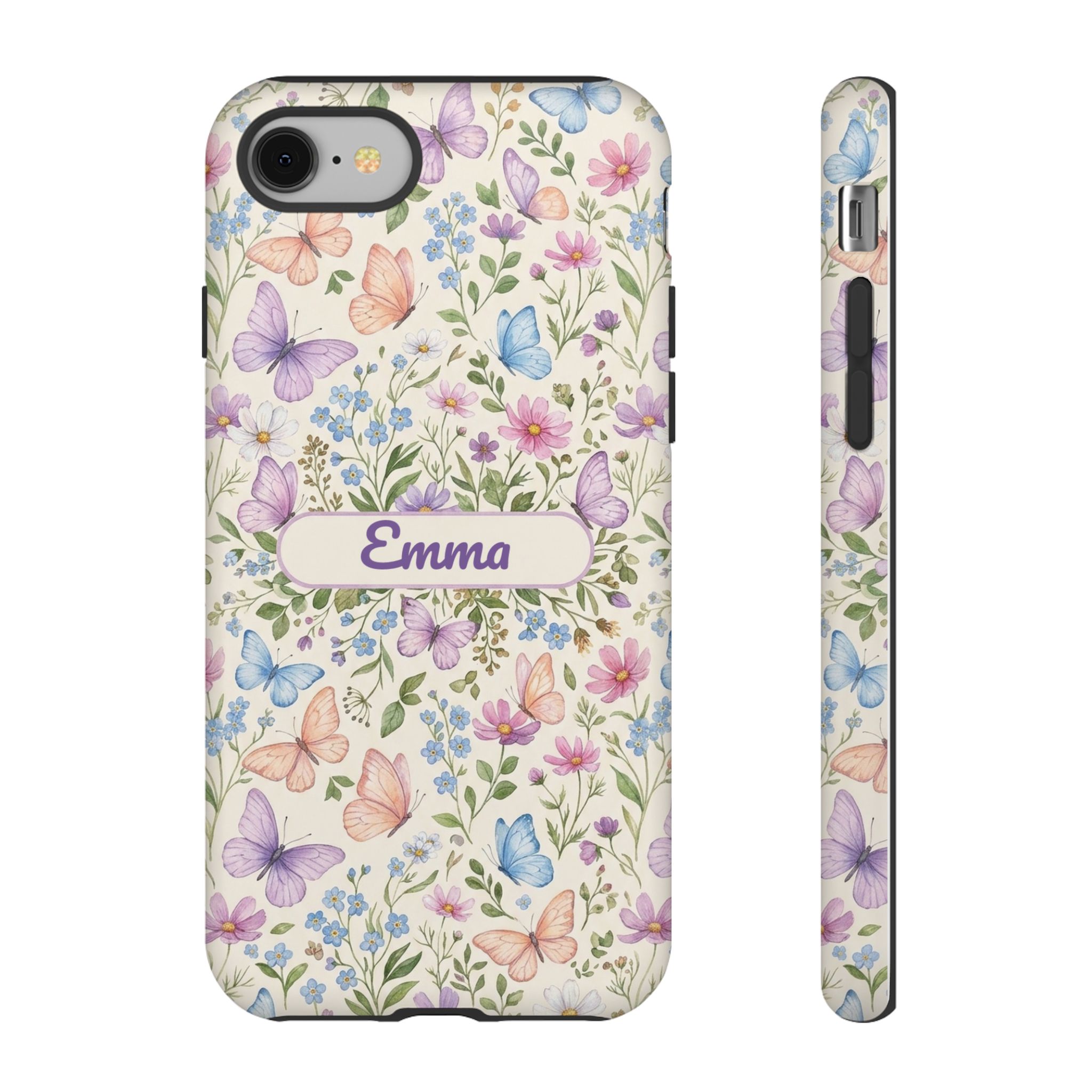 Custom Name Butterfly Garden Phone Case, Floral, Tough Cover for iPhone 18 Pro Max, 17, Galaxy S26