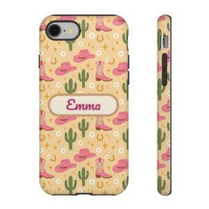 Custom Name Cowgirl Phone Case, Western Cactus and Hat, Tough Cover for iPhone 18 Pro Max, 17, Galaxy S26