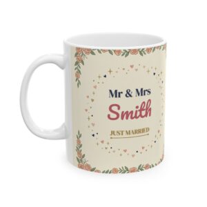 Wedding Mug Personalized Mr and Mrs Last Name, Vintage Retro Just Married Coffee Cup