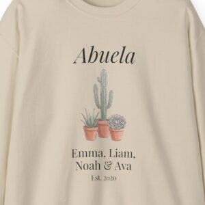 Personalized Abuela Sweatshirt with Grandkids Names, Succulent Cactus Line Art Crewneck