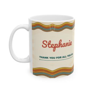 Thank You Mug Personalized with Name, Retro 70s Groovy Sunflower, 11oz