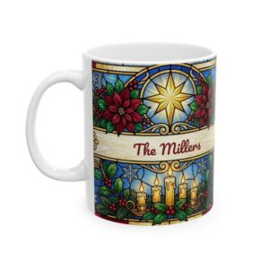 Personalized Stained Glass Christmas Mug, Family Name Poinsettia Candle Holiday Coffee Cup