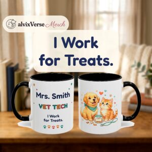 Vet Tech Mug Personalized with Name, Funny I Work for Treats, Two Tone Accent Coffee Mug, Veterinary Technician Gift