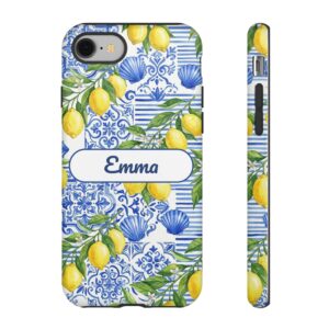 Custom Name Coastal Lemon Phone Case, Blue Tile Watercolor, Tough Cover for iPhone 18 Pro Max, 17, Galaxy S26