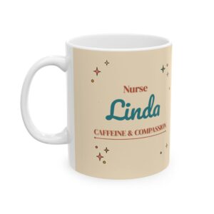 Nurse Mug Personalized Name, Vintage Retro 70s Stethoscope Heart Caffeine and Compassion Coffee Cup