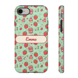 Custom Name Strawberry Jam Phone Case, Kawaii Mint, Tough Cover for iPhone 18 Pro Max, 17, Galaxy S26