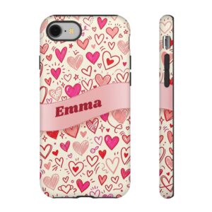 Custom Name Heart Doodle Phone Case, Pink and Red Hearts, Tough Cover for iPhone 18 Pro Max, 17, Galaxy S26