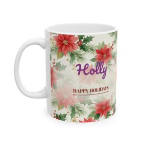 Personalized Christmas Mug, Watercolor Poinsettia Name Holiday Coffee Cup