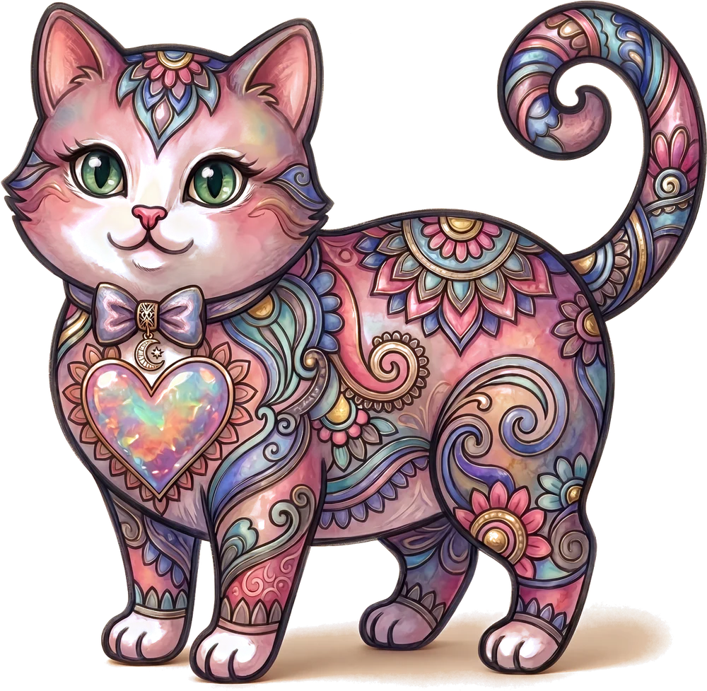 Minnette, the AlvixVerse Merch mandala watercolor cat with an opal heart