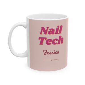 Personalized Nail Tech Mug with Name, Pink Glam Nail Polish and Tools Coffee Cup
