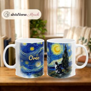 Personalized Tuxedo Cat Mug with Name, Hilltop Starry Sky, photo 2 of 5